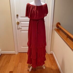 Elegant Off-Shoulder Red Ruffle Dress with belt NWOT  Tropicana casino boutique